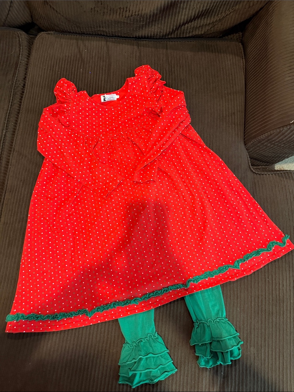 Girls Holiday Red Dress & Green Ruffle Leggings Matching Set